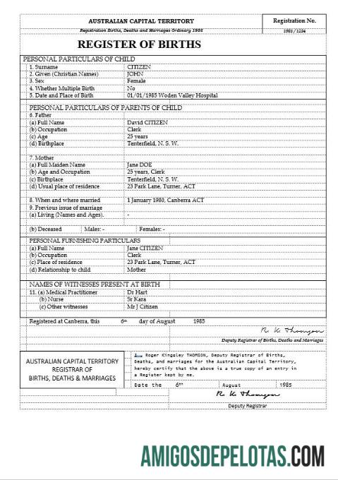 Em branco modelo de certidão de nascimento do Território da Capital Australiana da Austrália em formato Word, versão 2